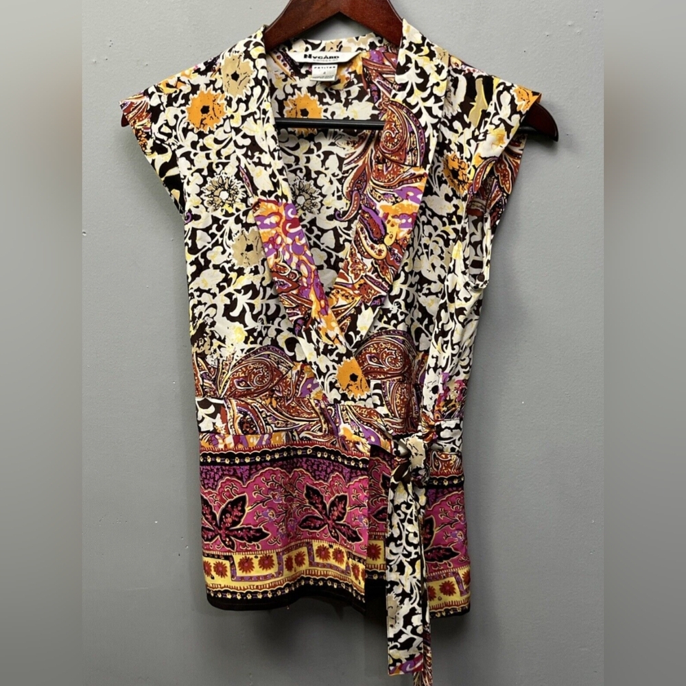 NYGÄRD*  cap sleeve rolled collar wrap front blouse top tunic, size 14p,